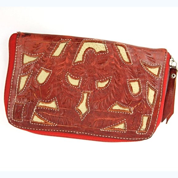 Leathers in Leather Floral Embossed Cut Out Zip Around Wallet Clutch Red Maroon - Picture 2 of 8
